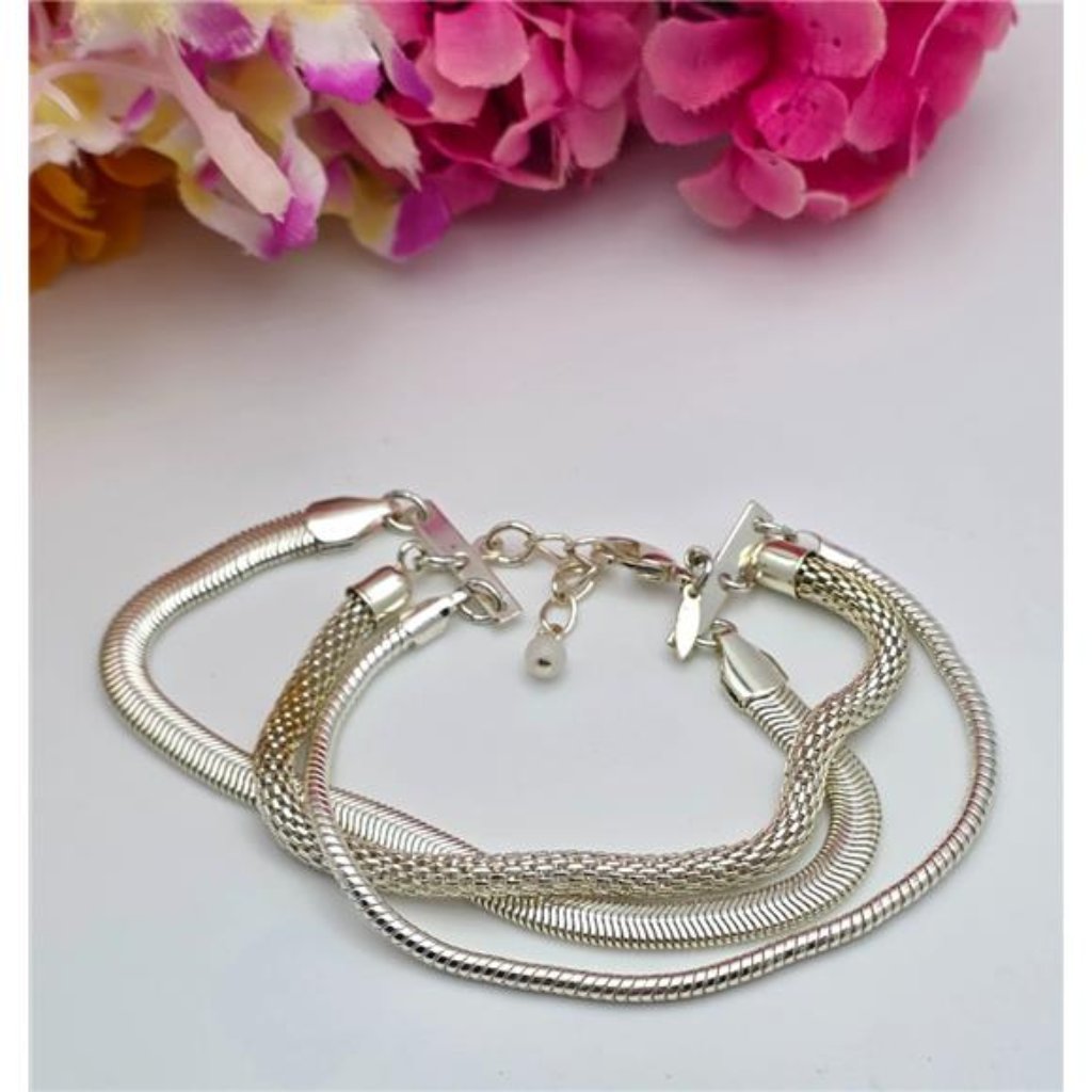 Vintage Shb Silver Tone Triple Chain Bracelet Mesh Flat Snake Round Snake 7-8